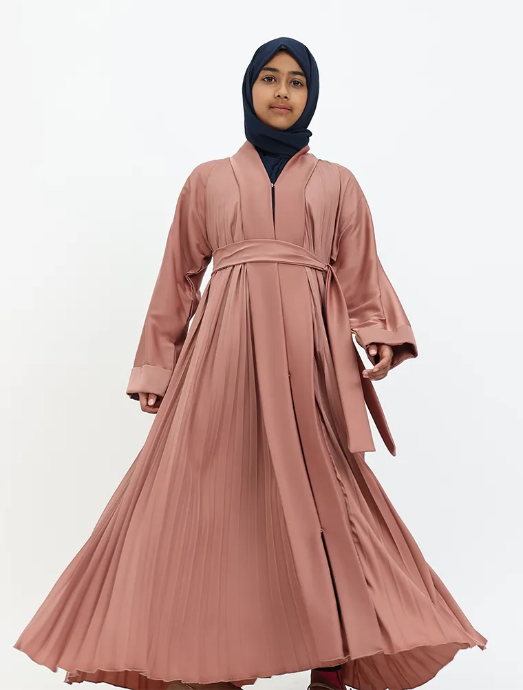 Girls Peach Pleated Silhouette Abaya